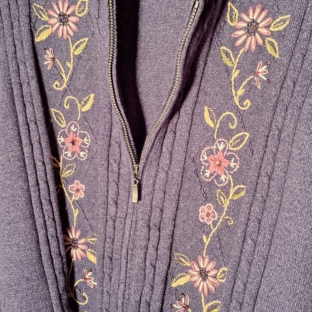 Alfred Dunner Full Zip Cardigan Sweater Ladies XL Embroidered Floral Design Blue - Picture 4 of 4